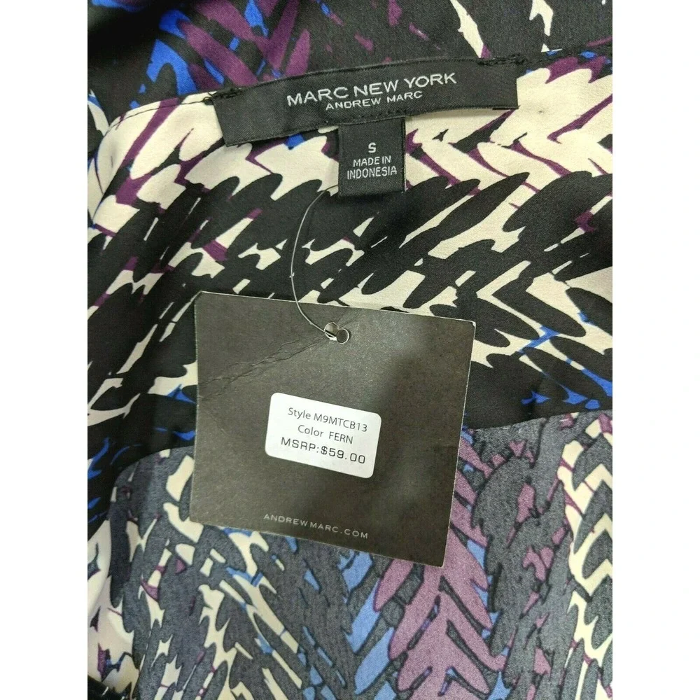 MARC NEW YORK Black Purple Blue Print Faux Wrap Blouse Hi Low Hem Size Small NWT - Picture 8 of 8